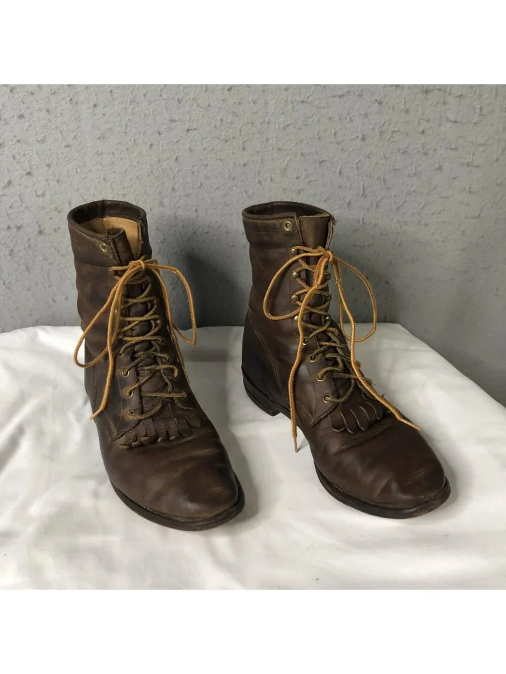 Vintage Justin Western Boots Men 10 D Brown Leather Lace Up Fringe Reenactment
